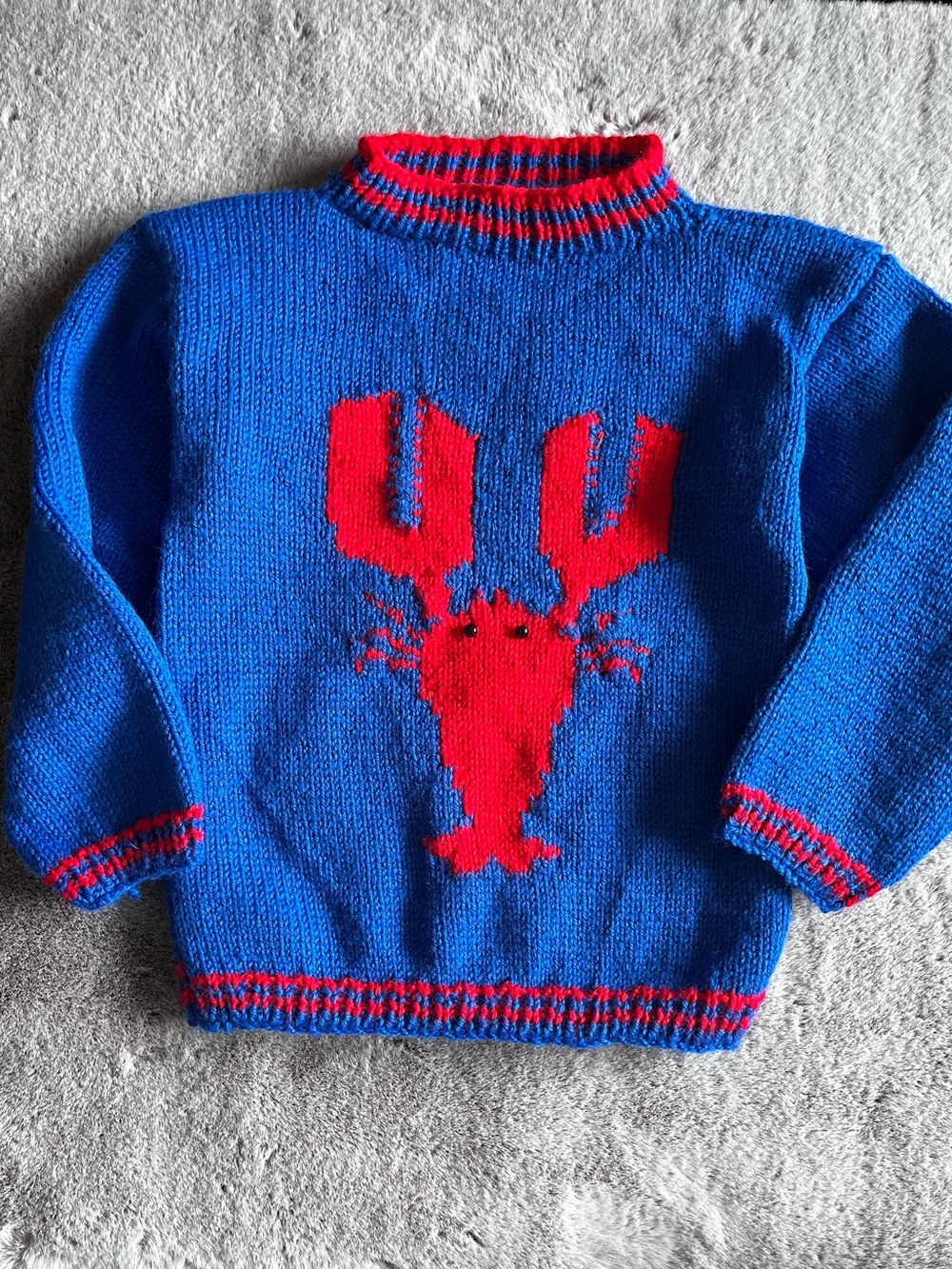Vintage Handmade Lobster Sweater Kids Nautical Ocean Blue Red Hand Knit Sailor